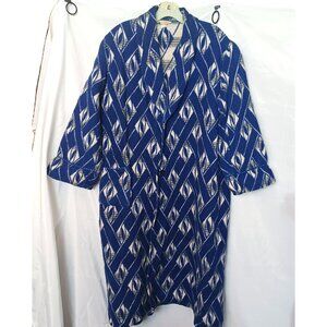 Vintage Edmond "Super" Blue & White Geometric Pattern Robe With Braided Accent &